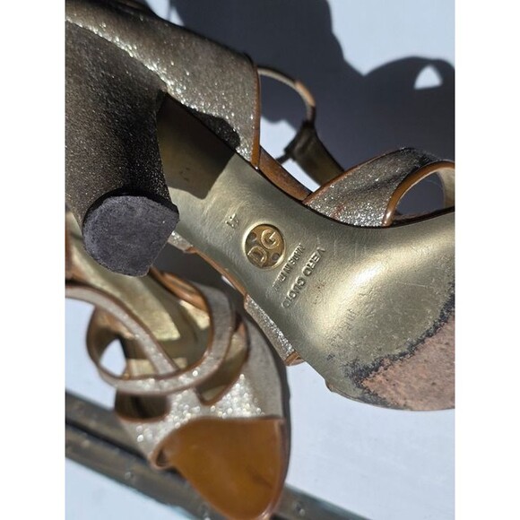 Dolce & Gabbana Sparkle Gold Strappy Open-Toe Heels with T-Strap - Picture 10 of 12